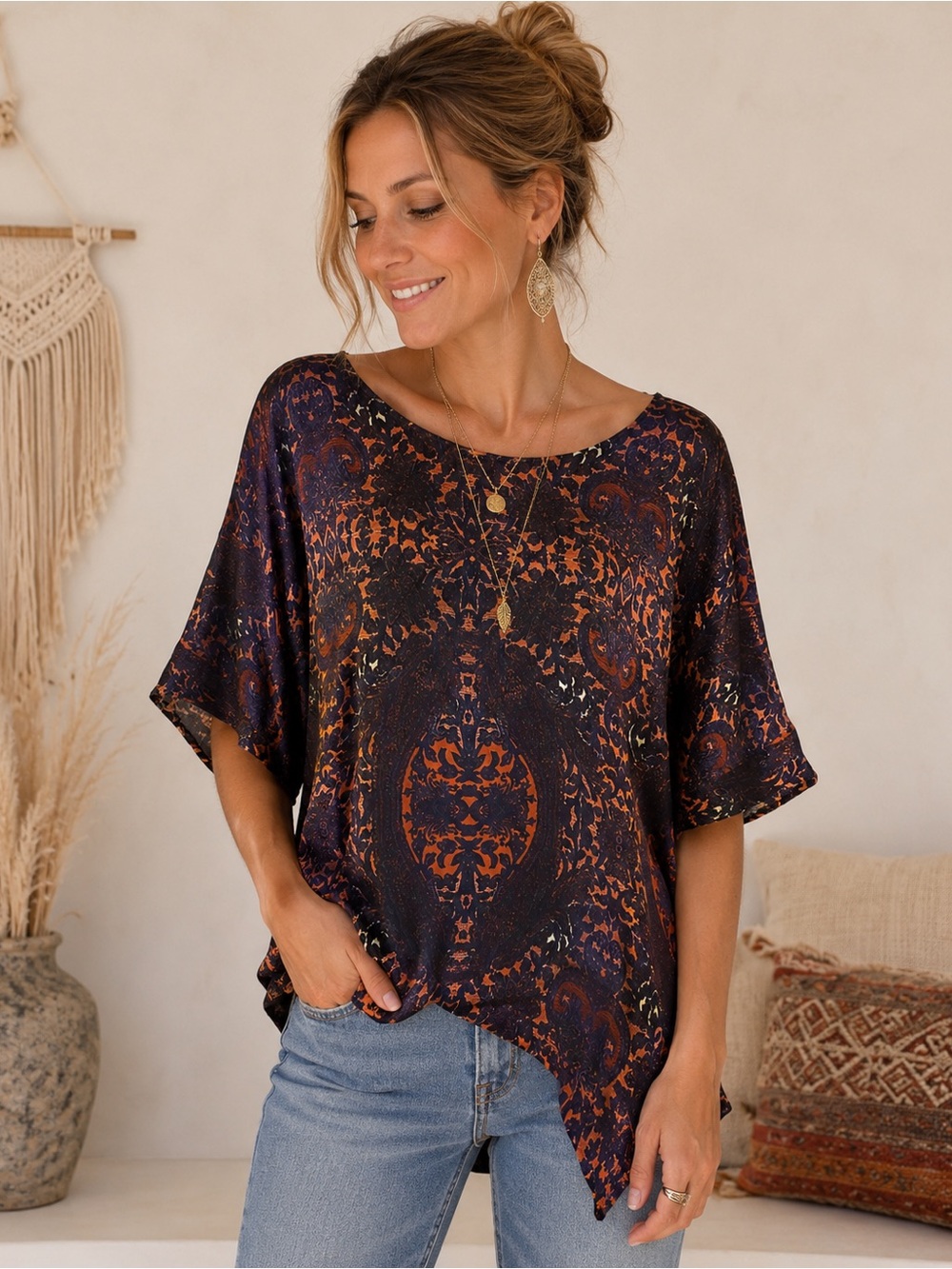 Club Monaco silk boho top Womens Medium Asymmetrical hem relaxed fit